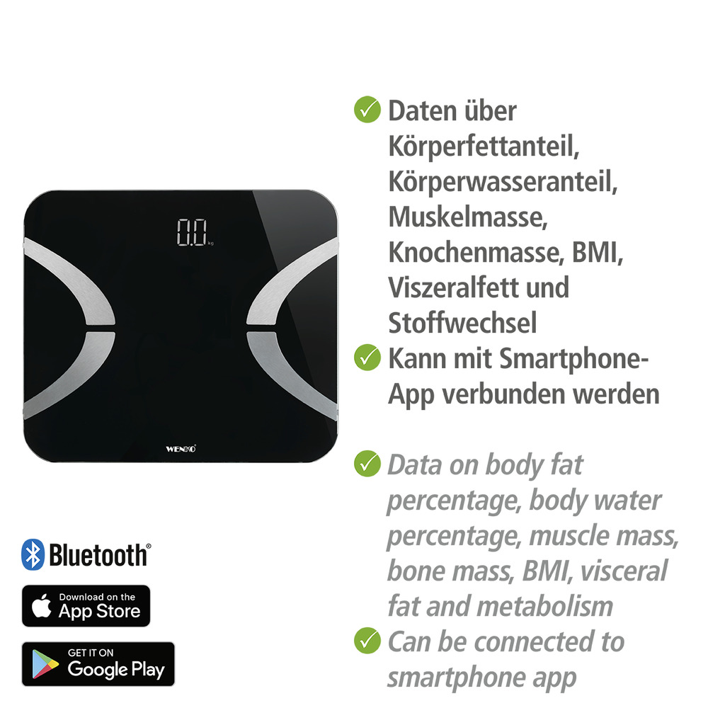 Analysewaage LED Schwarz  Bluetooth Körperfettwaage