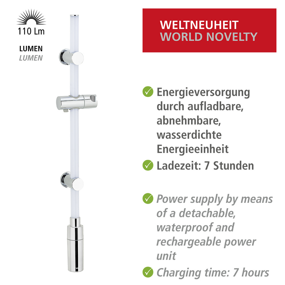 Duschstange mit beleuchteter LED, Duschhalterung, Brausestange, Duschstangenhalterung, in Warm-Weiß 74cm  beleuchtete Brausestange