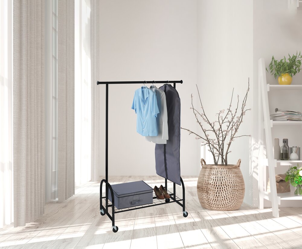 Portant vetement noir, portant vetement à roulette, avec étagère, Profi, 121x185x52 cm  Portant vetement roulette noir avec étagère