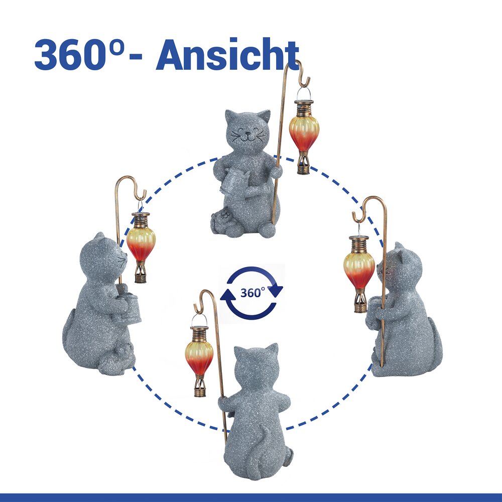 Gartenfigur Katze mit LED-Heißluftballon  dekorative, solarbetriebene Gartenleuchte