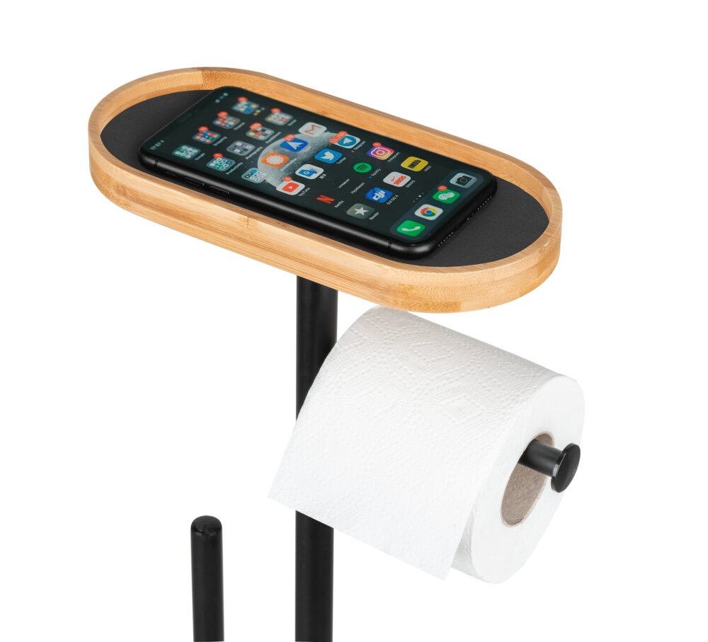 Garniture WC sur pied Mod. Pomarolo, bambou, acier, naturel/noir, 25x70,5x17 cm  avec tablette pour téléphone intégré