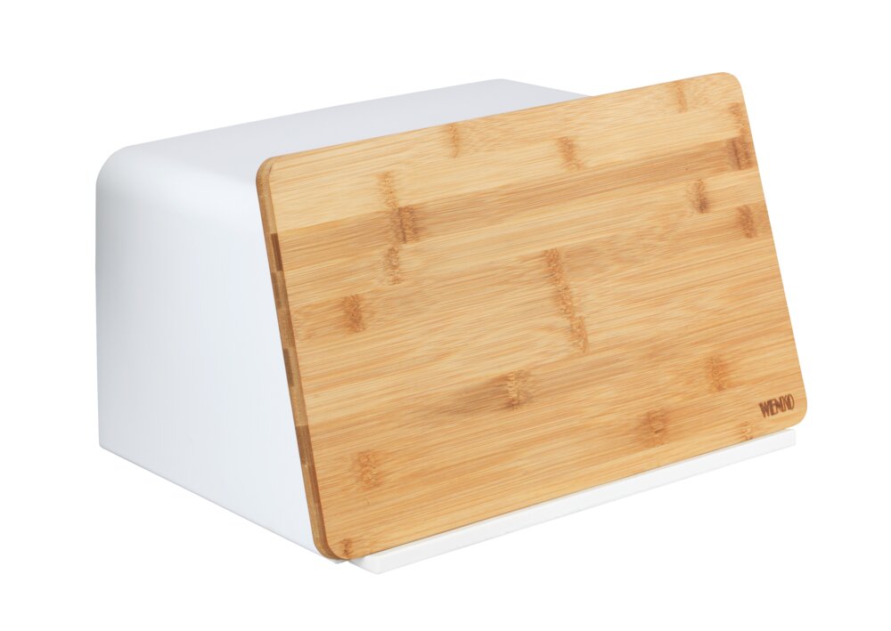 Boîte à pain avec planche à découper Mod. Kubo, Blanc  avec couvercle en bambou et trous d'aération