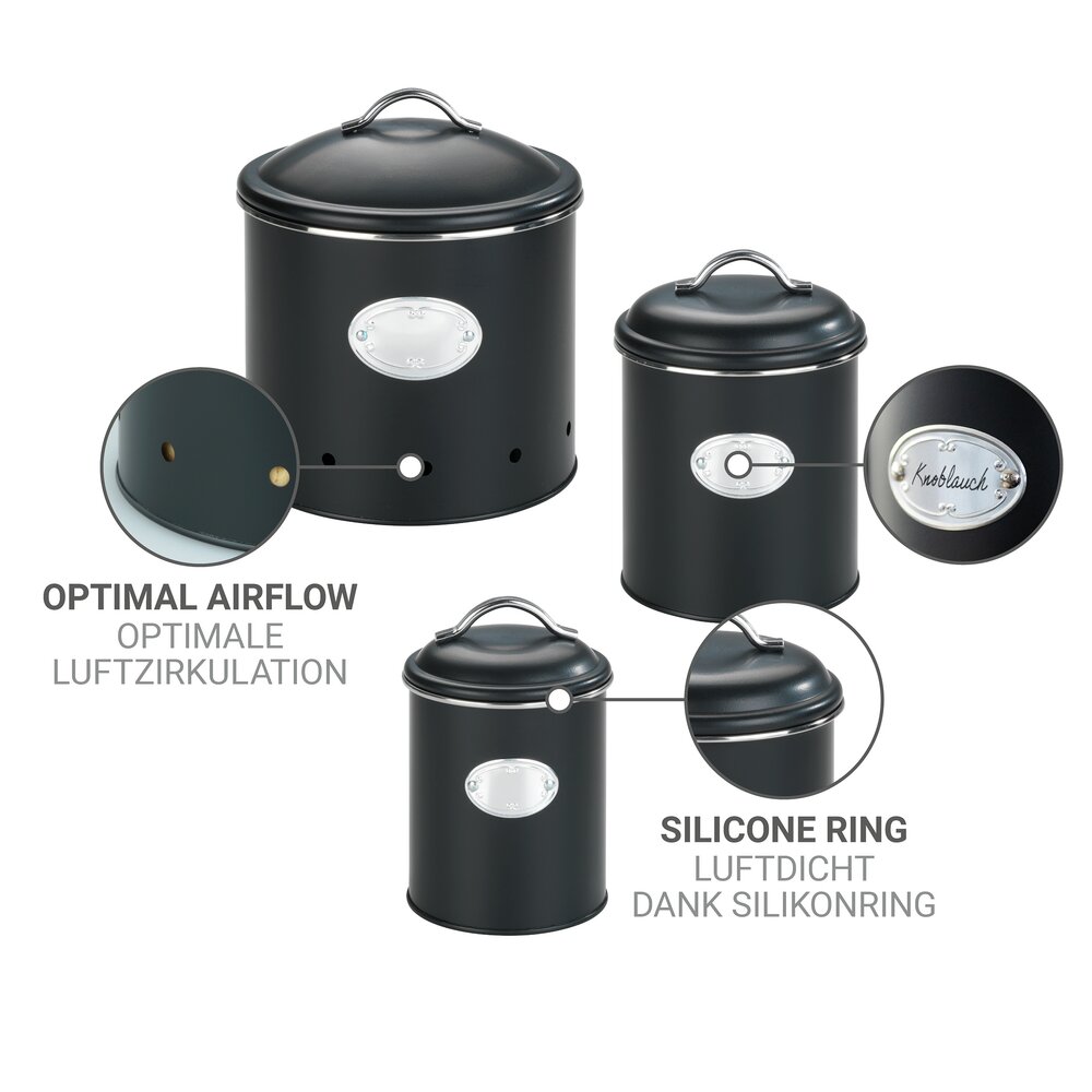 Aufbewahrungsdose Mod. Nero Set, 3-teilig Vorratsdosen aus lackiertem Metall, Schwarz