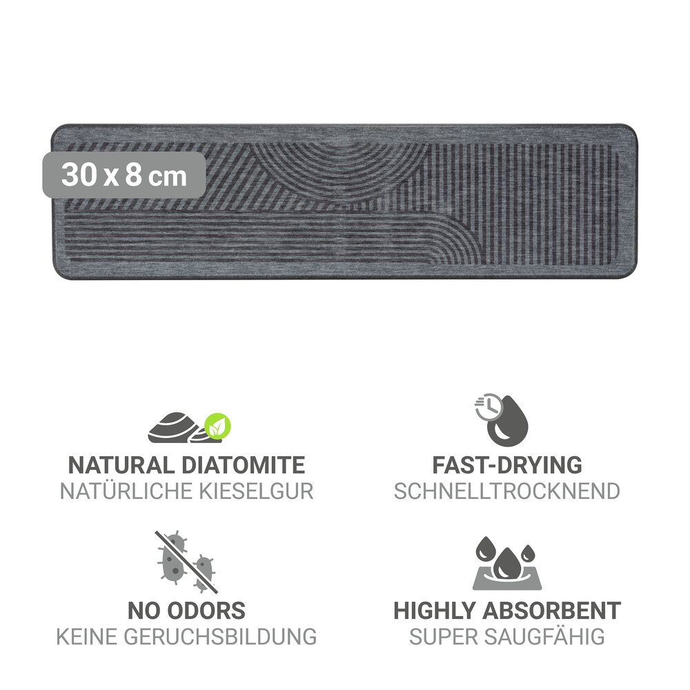 Abtropfmatte Mod. Damon, grau, Diatomit, 30x8 cm  schnelltrocknend, inklusive Silikonfüße