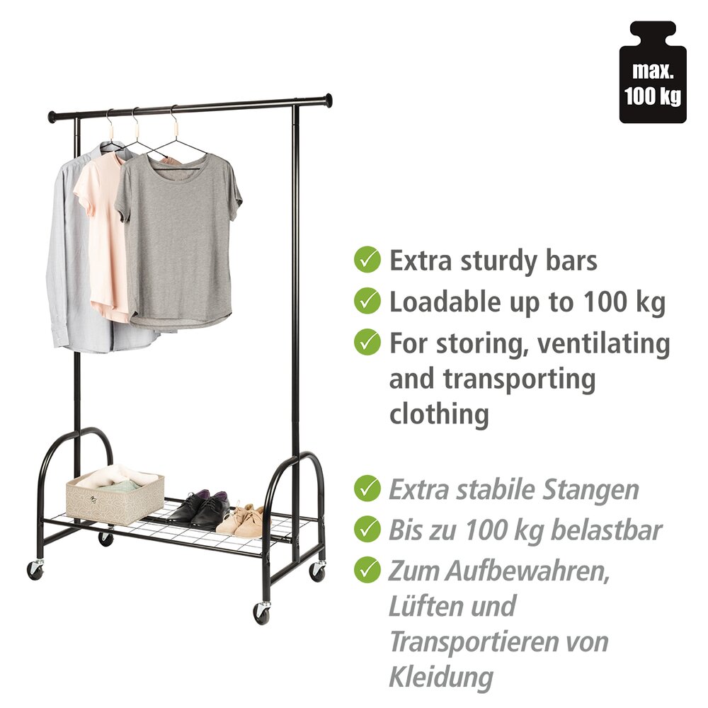 Portant vetement noir, portant vetement à roulette, avec étagère, Profi, 121x185x52 cm  Portant vetement roulette noir avec étagère
