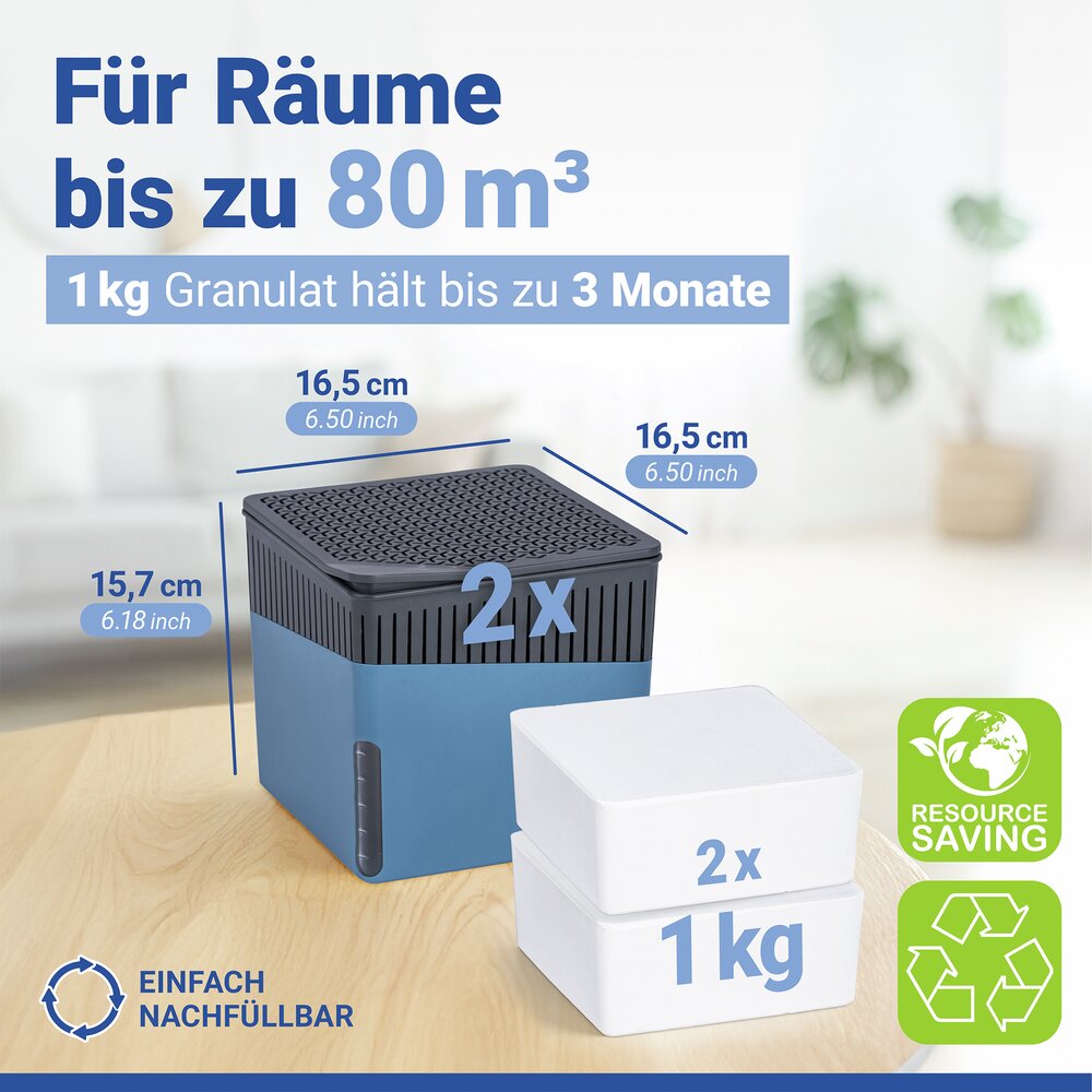 Raumentfeuchter Mod. Cube Blau 1000 g, 2er Set  beugt Schimmel und Gerüchen vor