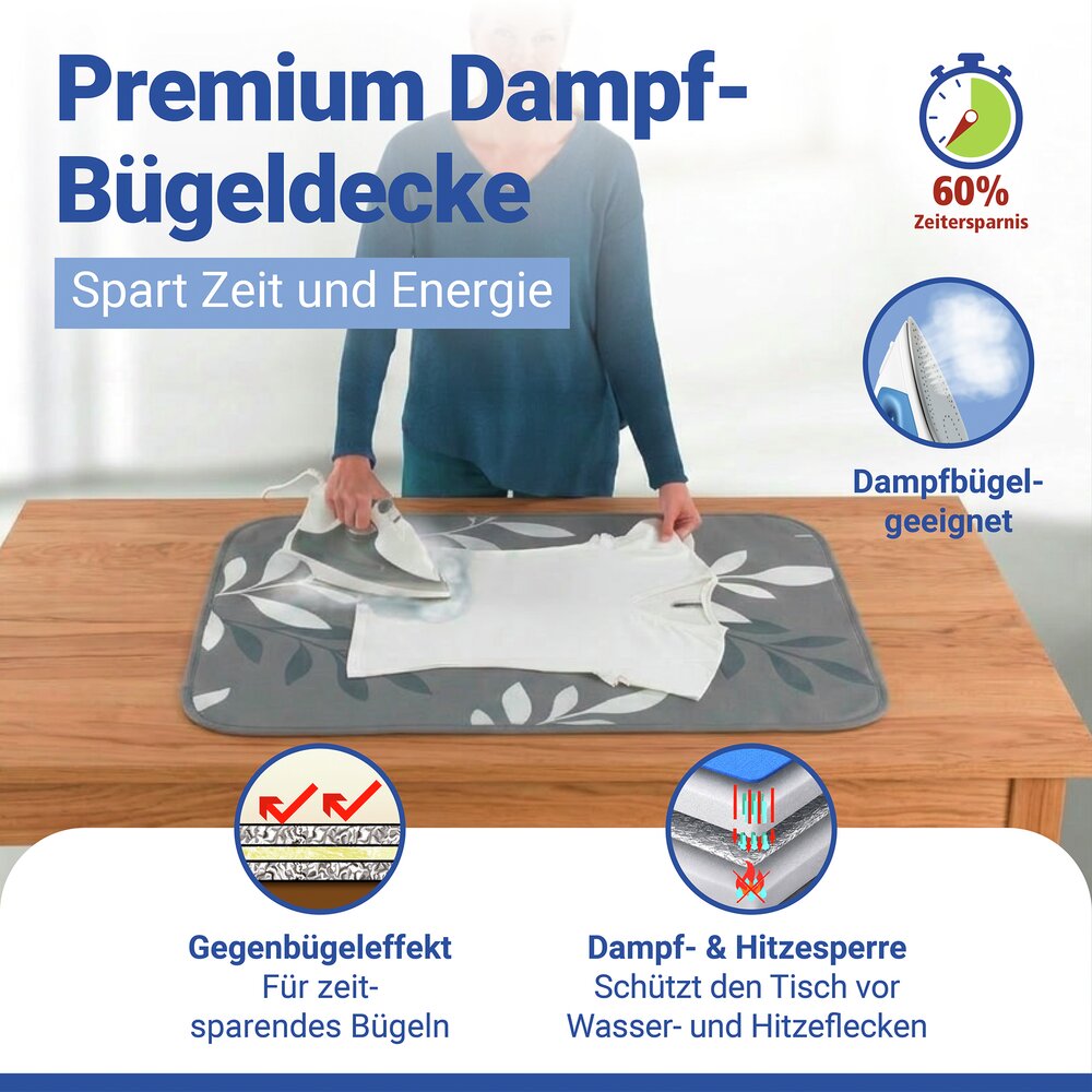 Bügeldecke Mod. Premium, 100 x 65 cm  mit Hitzereflexion, bis zu 60 % Zeitersparnis