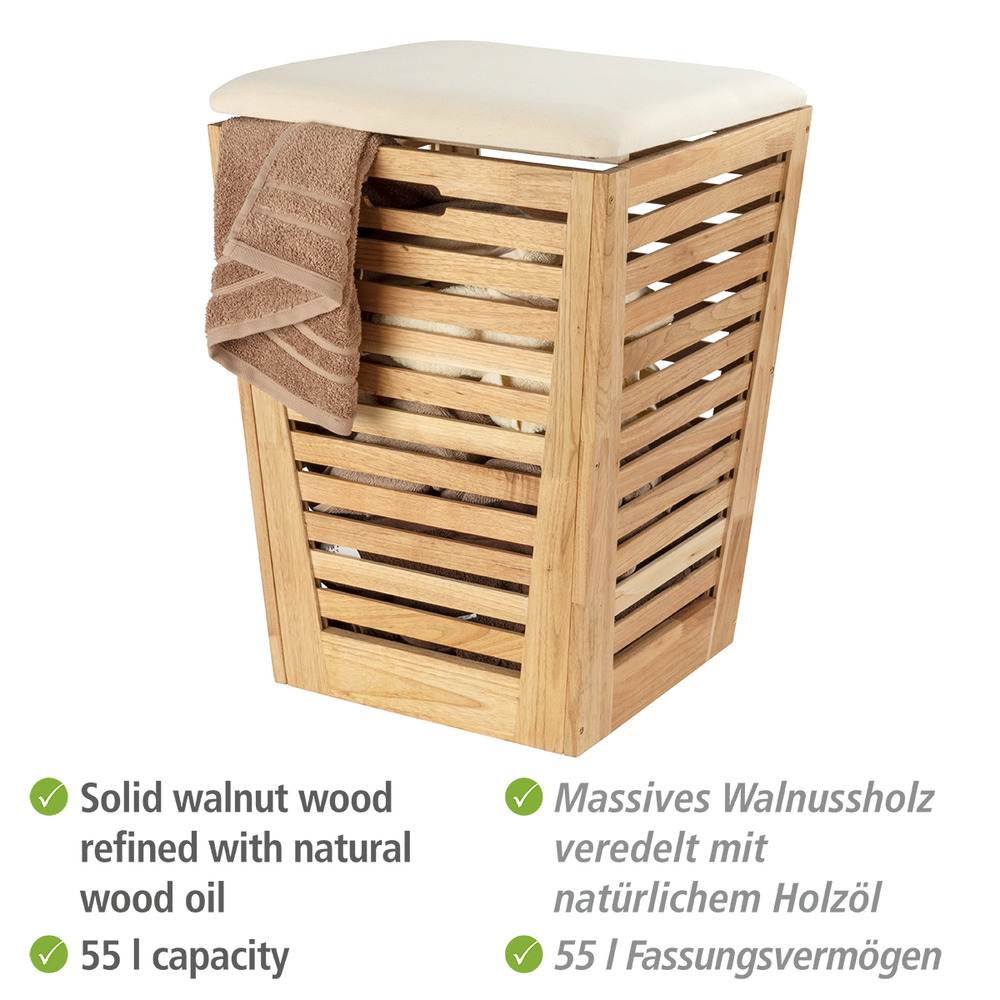 Wäschetruhe mit Sitzpolster Norway  Wäschesammler & Badhocker, massives Walnussholz, 55 L