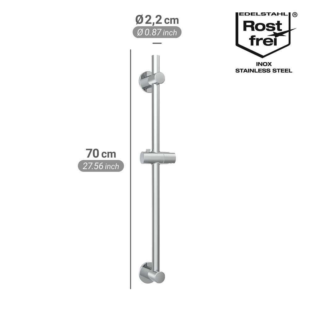 Barre de douche BOB, 70 cm, chromé, inox, Ø 22 mm, sans perçage  montage facile sans perçage