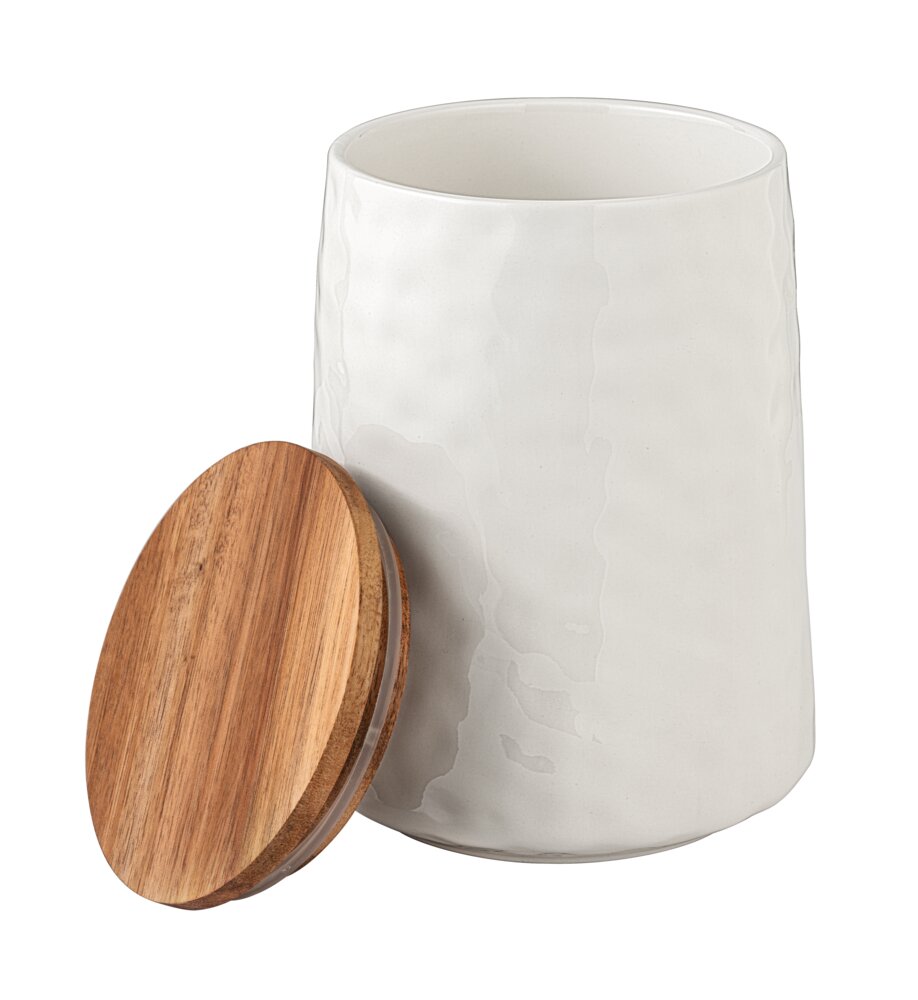 Boîte de rangement Mod. Adelle 1,1L, blanc, céramique, bois, Ø12x16,5 cm  avec couvercle en bois d'acacia