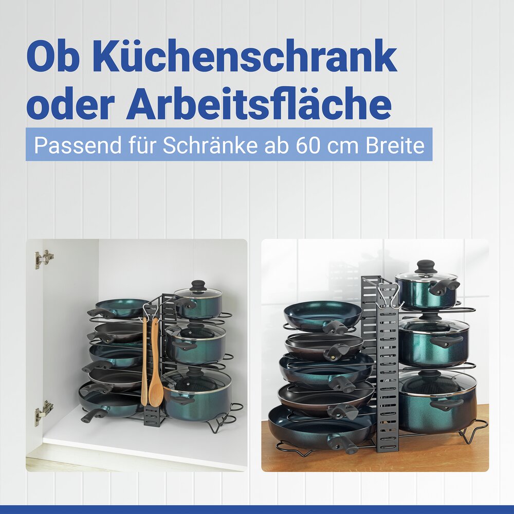 Pfannen- und Topf-Organizer 3in1 platzsparend, für bis zu 8 Töpfe, Pfannen oder Deckel