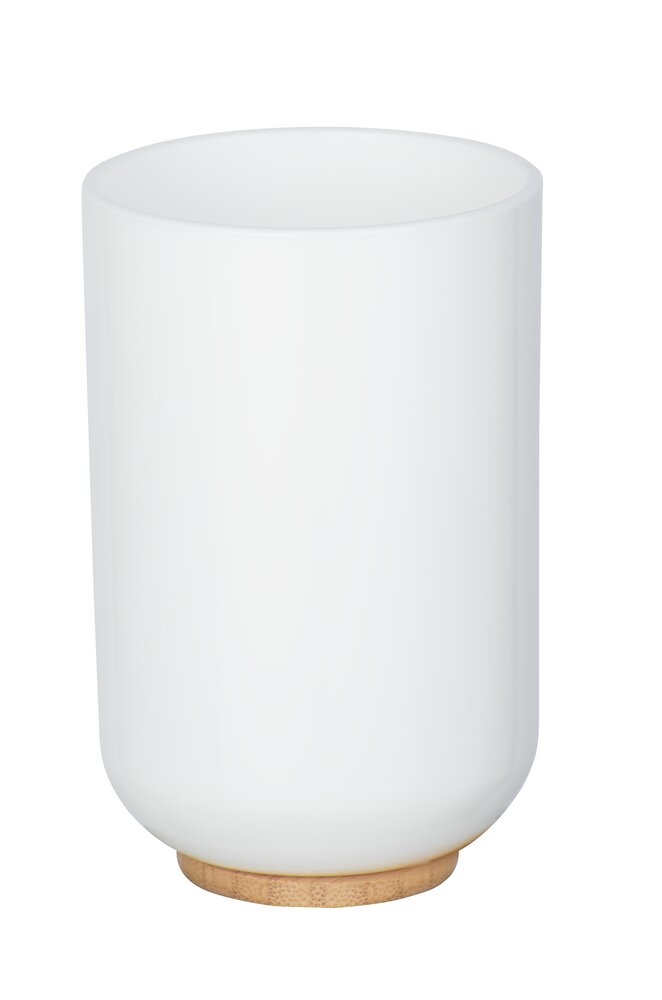 Zahnputzbecher Mod. Posa Weiß  aus glänzendem Kunststoff mit nachhaltigem Bambus