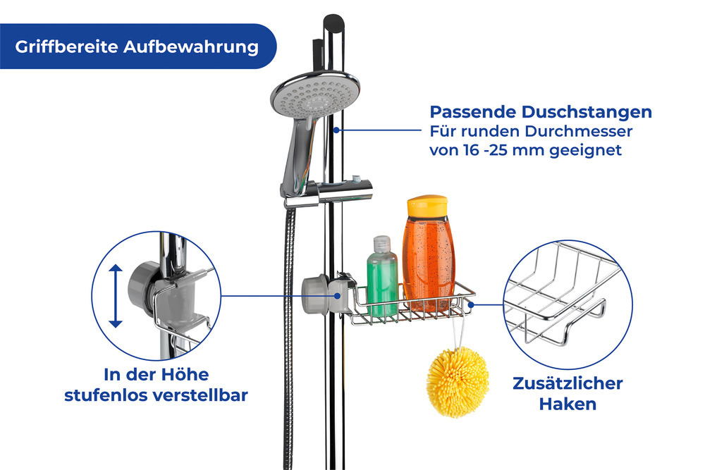 Duschablage Edelstahl  Duschregal, einfach an Duschstange montierbar