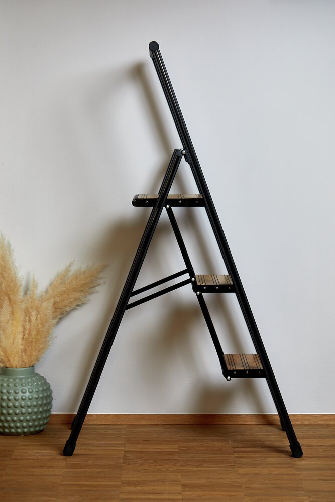 Alu-Design Klapptrittleiter 3-stufig Schwarz  rutschsichere XXL-Stufen