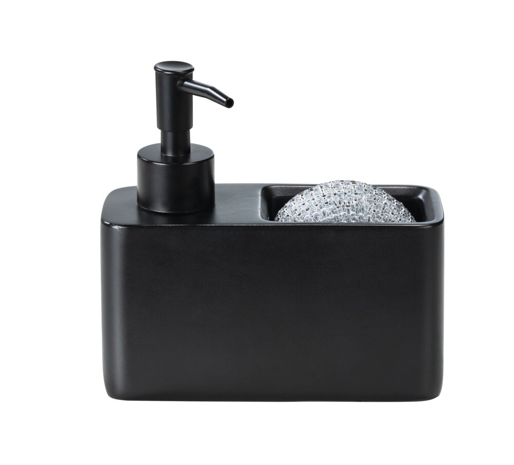 Distributeur savon Mod. Resa noir, polyrésine, 150 ml, 14,5x14,3x6 cm  avec compartiment pour éponge