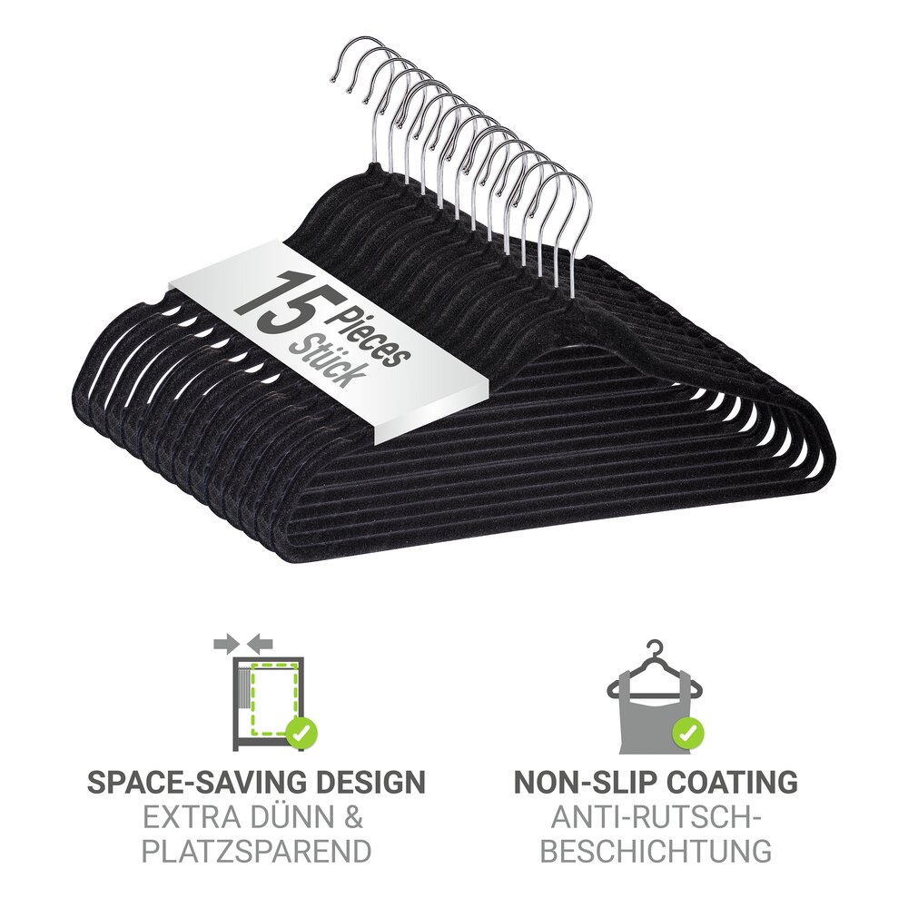 Beflockte Kleiderbügel, Schwarz, 15er Set  extra dünn, platzsparend