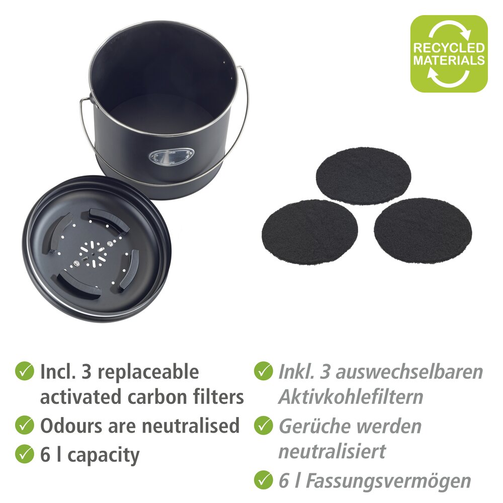 Komposteimer Mod. Nero 6 L  Inklusive 3 Aktivkohlefiltern zum Wechseln