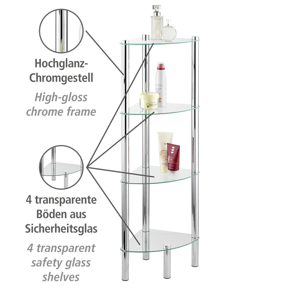 Eckregal Mod. Yago mit 4 Glasablagen  aus Edelstahl und Sicherheitsglas