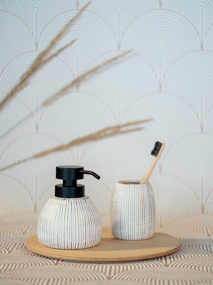 Distributeur de savon Mod. Pascoli, blanc/or, céramique, 0.5L, 11x13x12 cm  surface structurée, design moderne