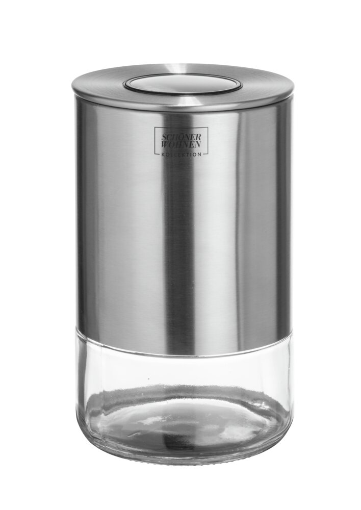Aufbewahrungsdose Mod. ENOLA, 0,68L, transparent, glas/metall, Ø10x16cm mit luftdichtem Edelstahldeckel