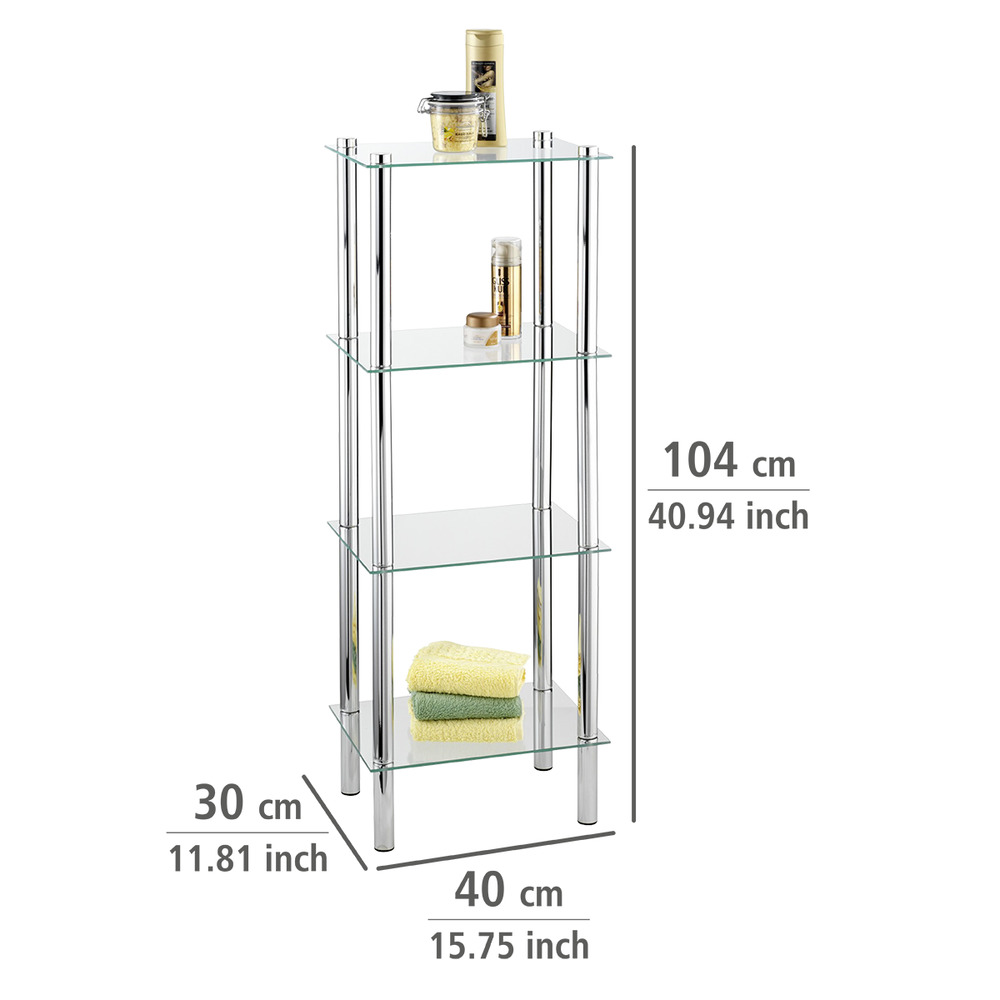 Regal Mod. Yago viereckig mit 4 Glasablagen  aus Edelstahl und Sicherheitsglas