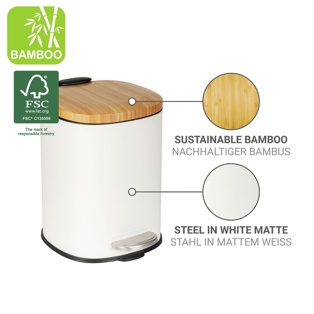Pedaalemmer Mod. Fianema, wit, 3L, metaal/bamboe, Easy-Close
