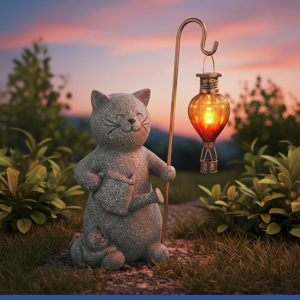 Gartenfigur Katze mit LED-Heißluftballon  dekorative, solarbetriebene Gartenleuchte
