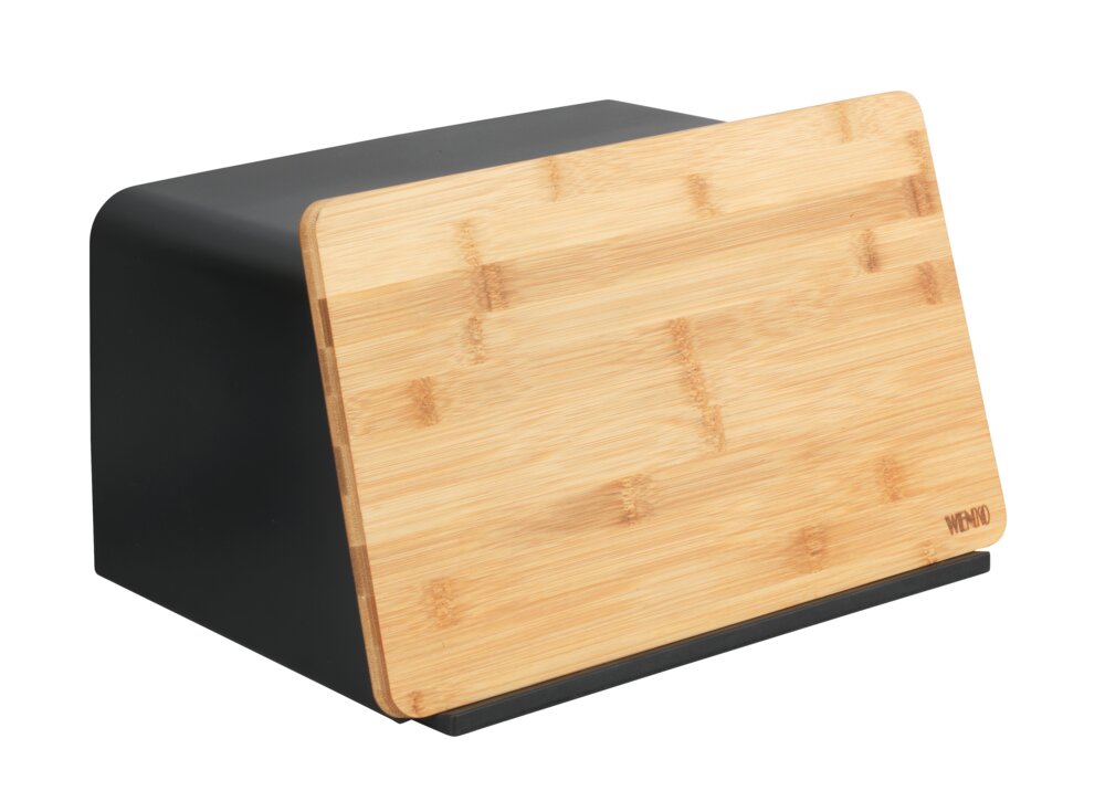Boîte à pain avec planche à découper Mod. Kubo, Noir  avec couvercle en bambou et trous d'aération
