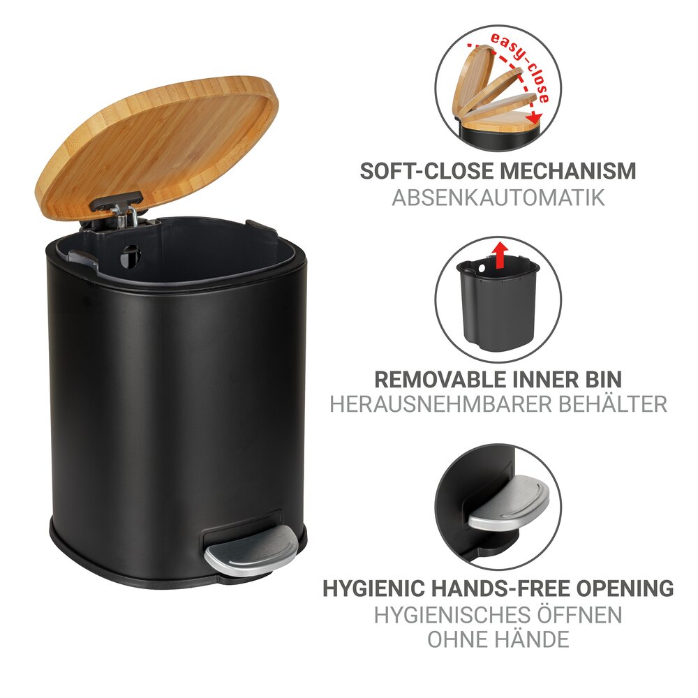 Poubelle à pédale Mod. Fianema, noir, métal/bambou, 3L, Easy-Close  récipient intérieur amovible