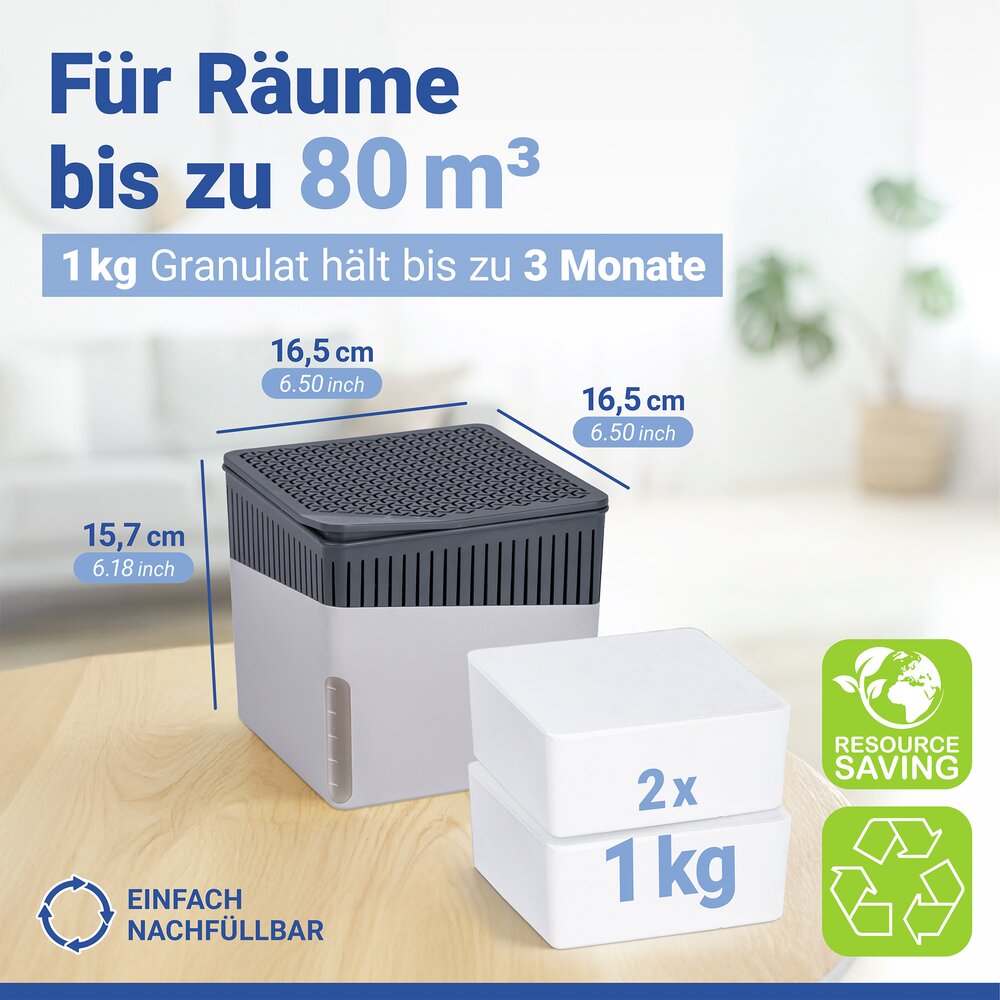 Déshumidificateur d'intérieur Cube Gris 1000 g & recharge  prévient la formation de moisissures et les mauvaises odeurs
