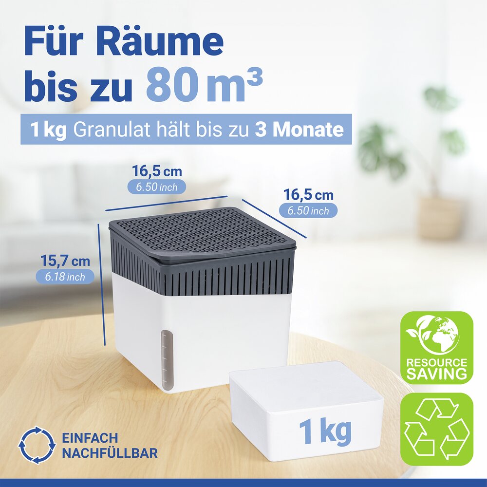 Déshumidificateur d'intérieur Cube Blanc 1000 g  prévient la formation de moisissures et les mauvaises odeurs