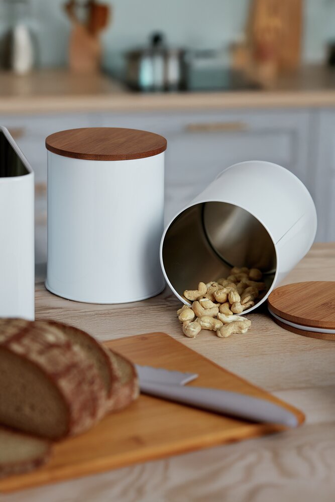 Brotkasten Set, weiß, Metall, Bambusdeckel, 32,5x21x15 cm, 3 Dosen  mit Bambusdeckel, je 1 Liter