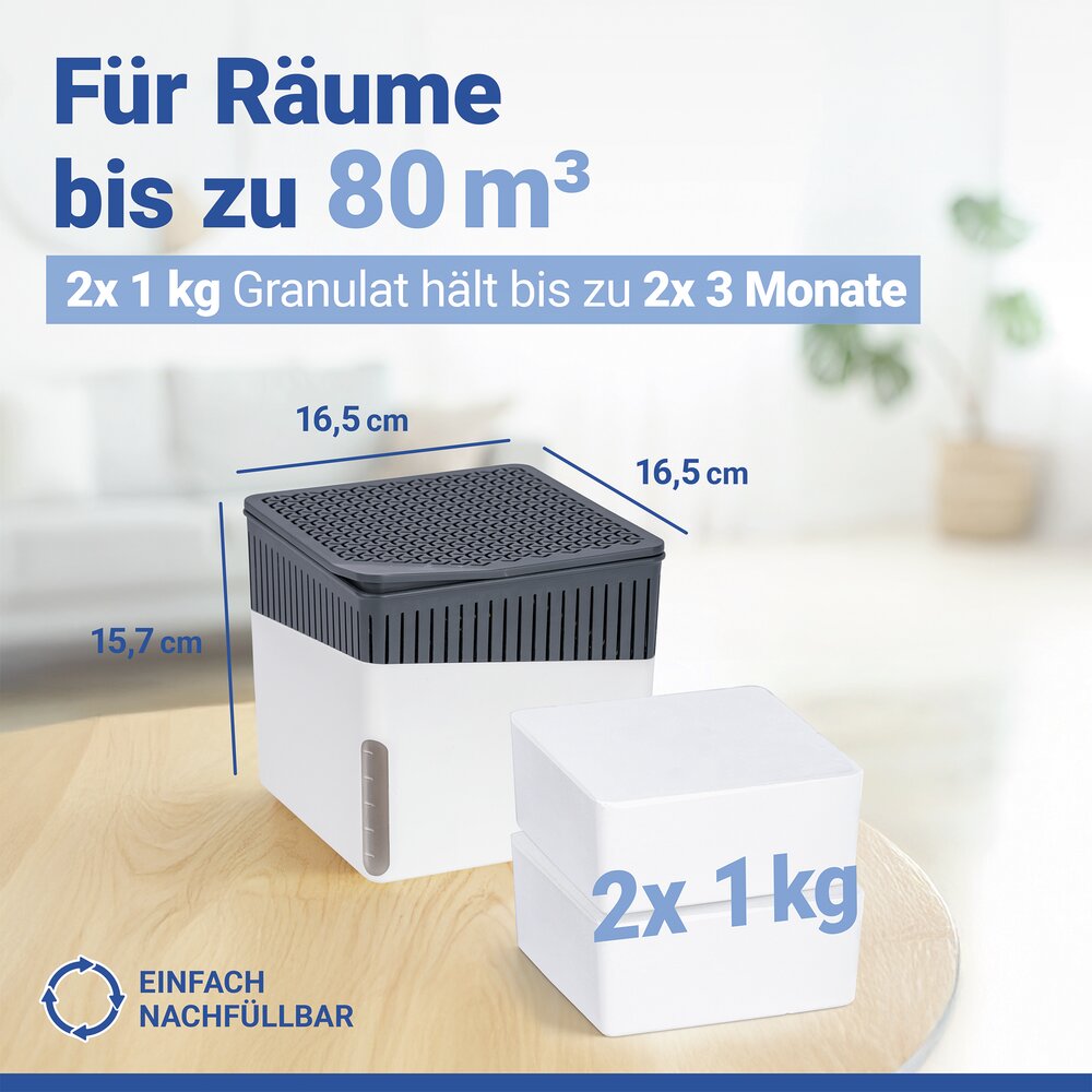 Déshumidificateur d'air Mod. Cube Blanc 1000 g avec recharge  pour pièces jusqu’à env. 80 m³