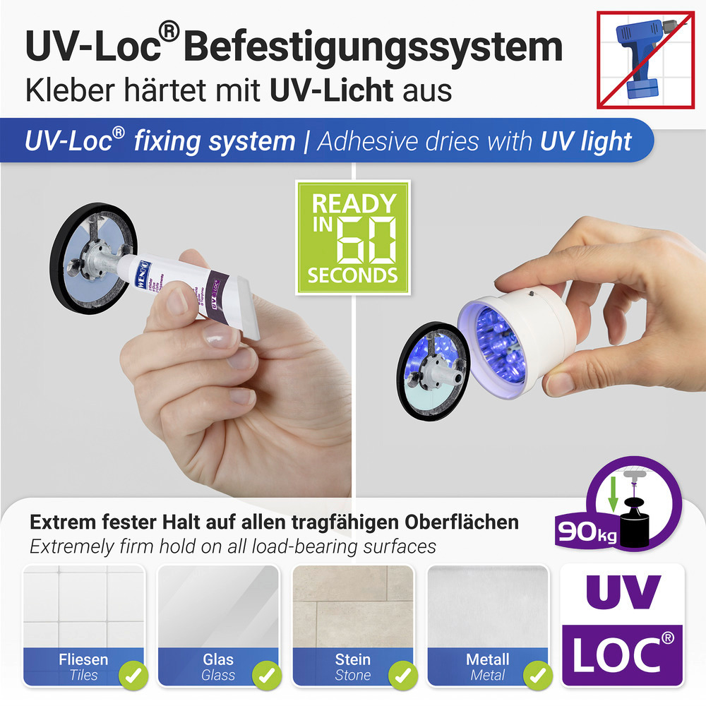 UV-Loc® Badetuchstange Uno Mod. Maribor 60 cm  Befestigen ohne Bohren mit innovativem Klebesystem