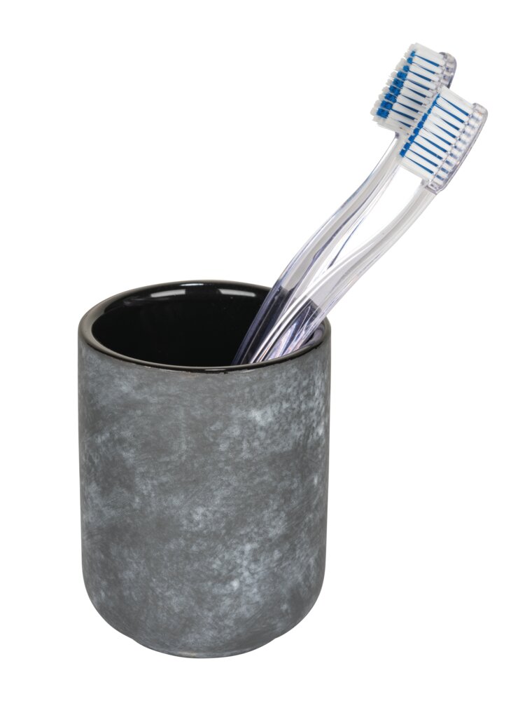 Zahnputzbecher Mod. Sacile, grau/schwarz, Keramik, Ø7.5x10 cm  in Beton-Optik, robustes Design