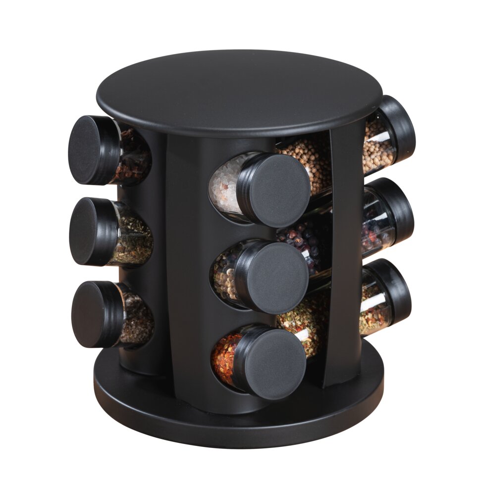 Carrousel à épices Mod. Bruna noir, métal, 13 pcs, 18,5x21,5 cm, pivotant à 360°  autocollants inclus, bocaux en verre
