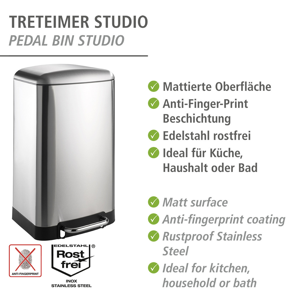 Treteimer Mod. Studio Easy-Close Mattiert 30 Liter  Edelstahl rostfrei, Absenkautomatik