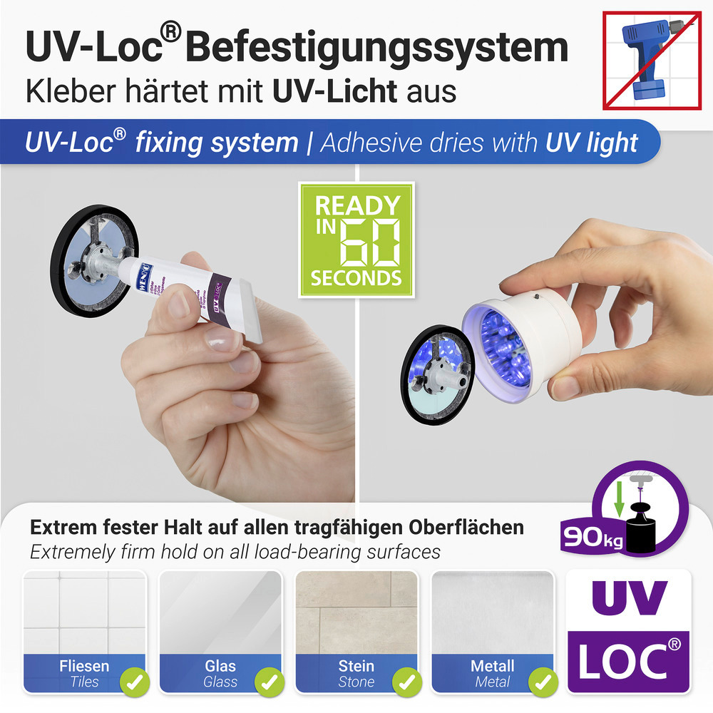 UV-Loc® Badetuchstange Uno Mod. Udine 40 cm  Befestigen ohne Bohren mit innovativem Klebesystem