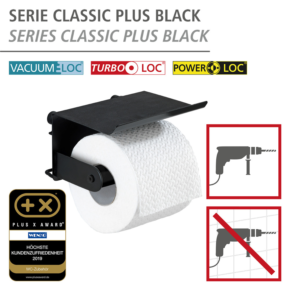 Toilettenpapierhalter mit Ablage Classic Plus Black  mit hochwertigem Rostschutz