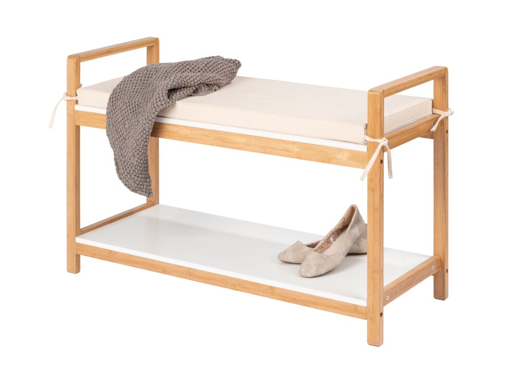 Banc à chaussures bambou, naturel/blanc, rembourrée beige, 90x55x34 cm  pour 4 paires de chaussures