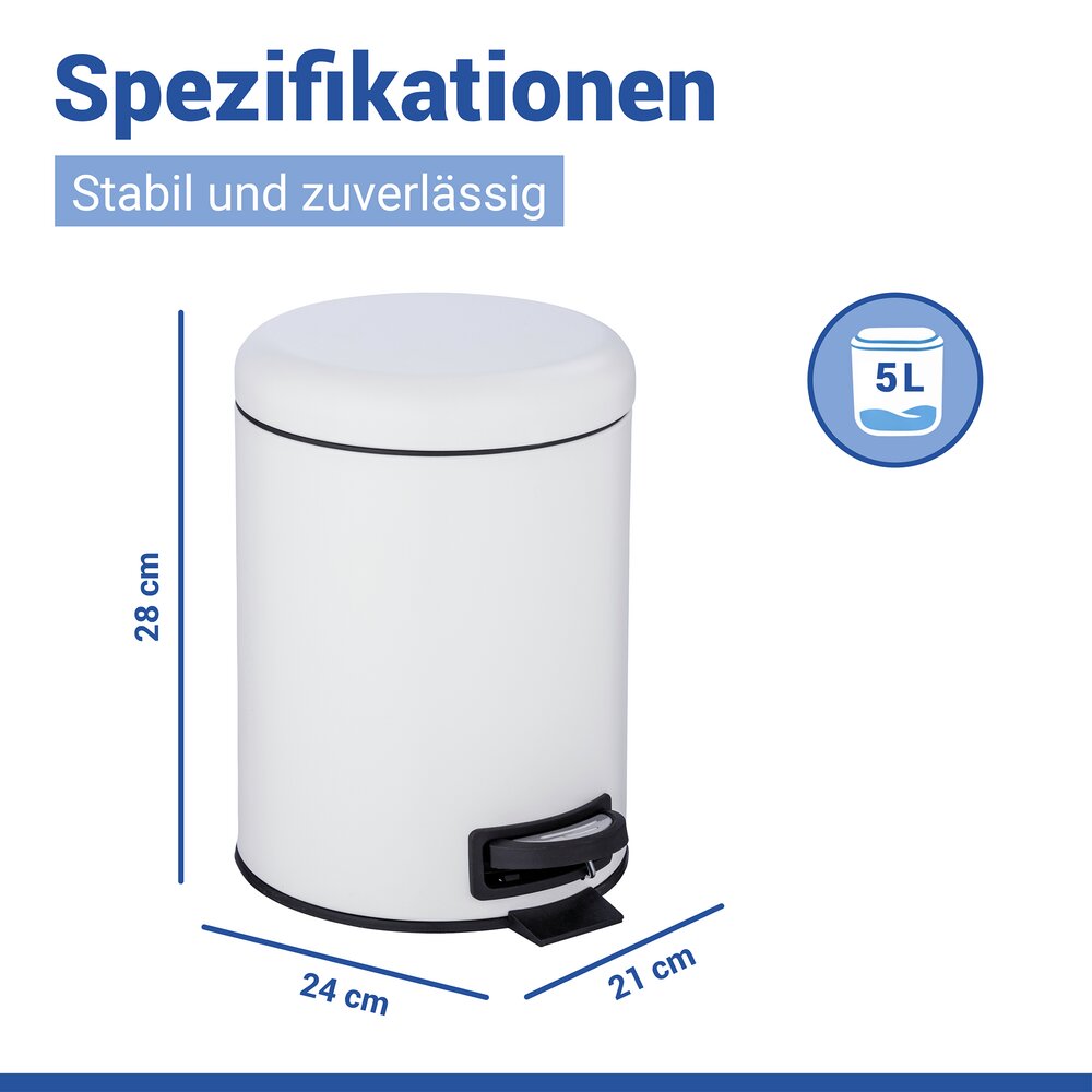 Poubelle à pédale Leman, 5L, petite poubelle salle de bain, acier blanc  avec insert amovible