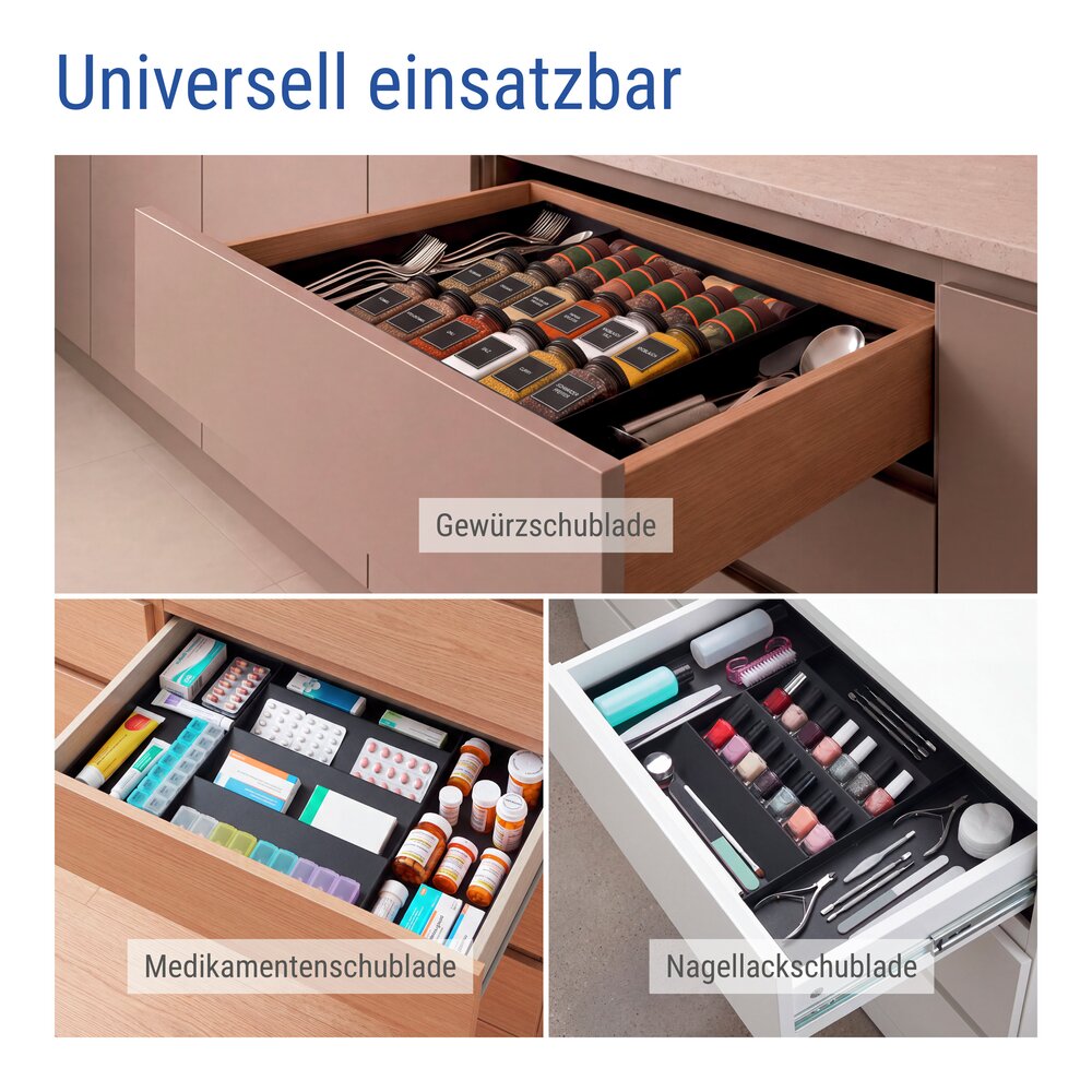Gewürzregal Schublade Deluxe mit 12 Gewürzgläsern, Schwarz  ausziehbarer Gewürz Organizer für Schubladen
