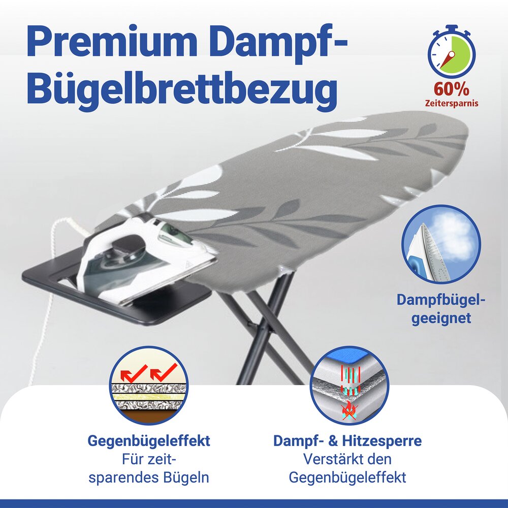 Bügelbrettbezug Mod. Premium S/M  passend bis 125 x 45 cm, bis zu 60 % Zeitersparnis