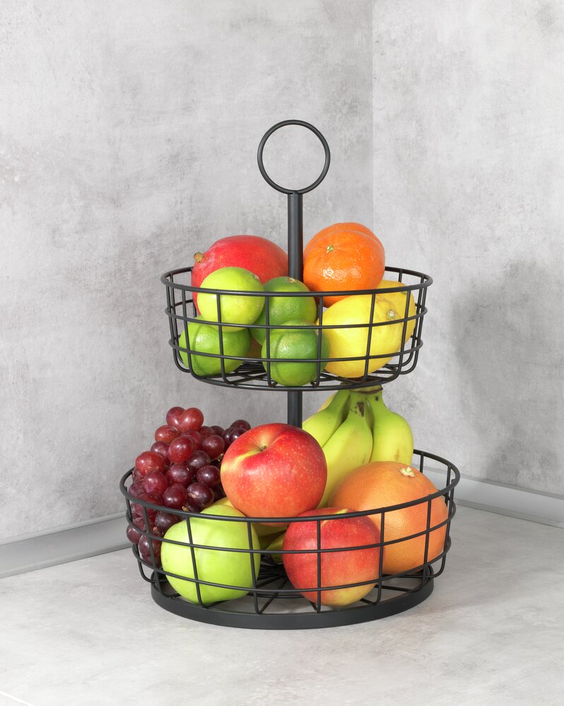Obst Etagere aus Metall, 2-stöckig, Schwarz  mit 2 Drahtkörben