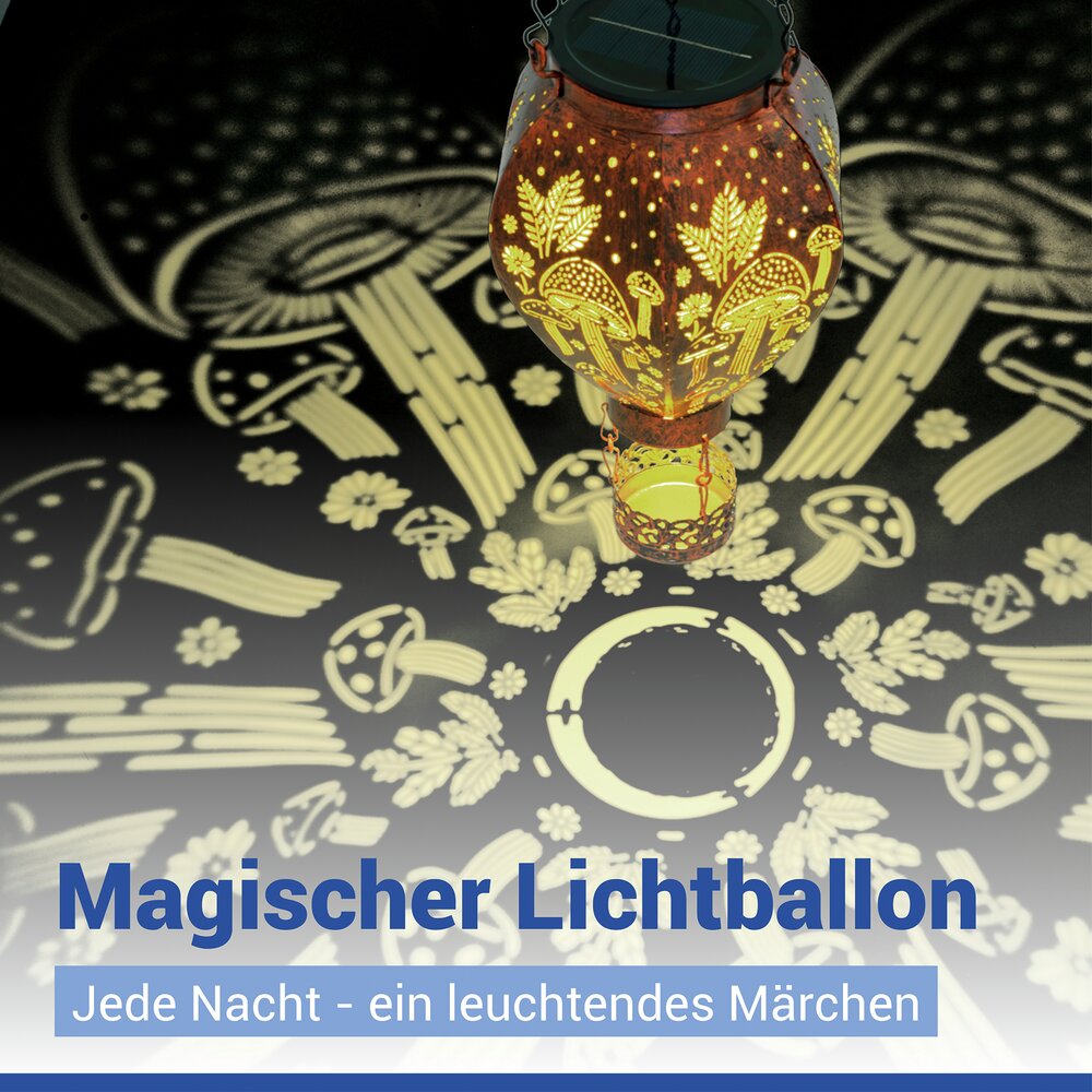 LED Solar-Heißluftballon in Bronze-Optik  mit Pilzmuster-Lichtprojektion
