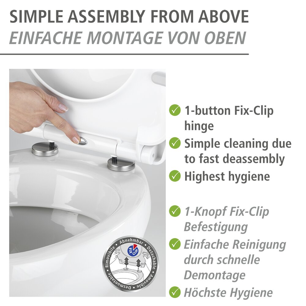 Abattant WC Original, abattant WC avec frein de chute "easy close", fixation acier "fix clip" inox, Polar, Thermoplastique  en thermoplastique incassable