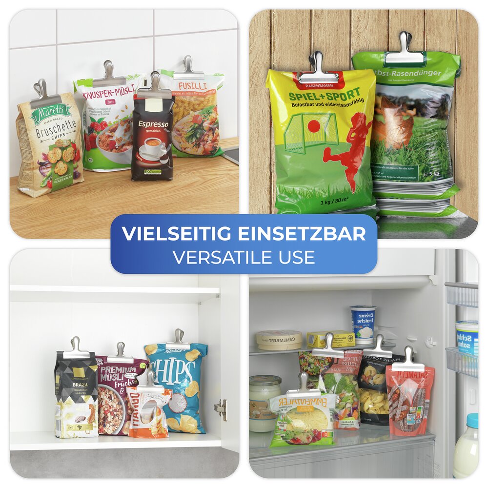 Verschlussklammern Edelstahl, 10er Set  mit starker Klemmfeder