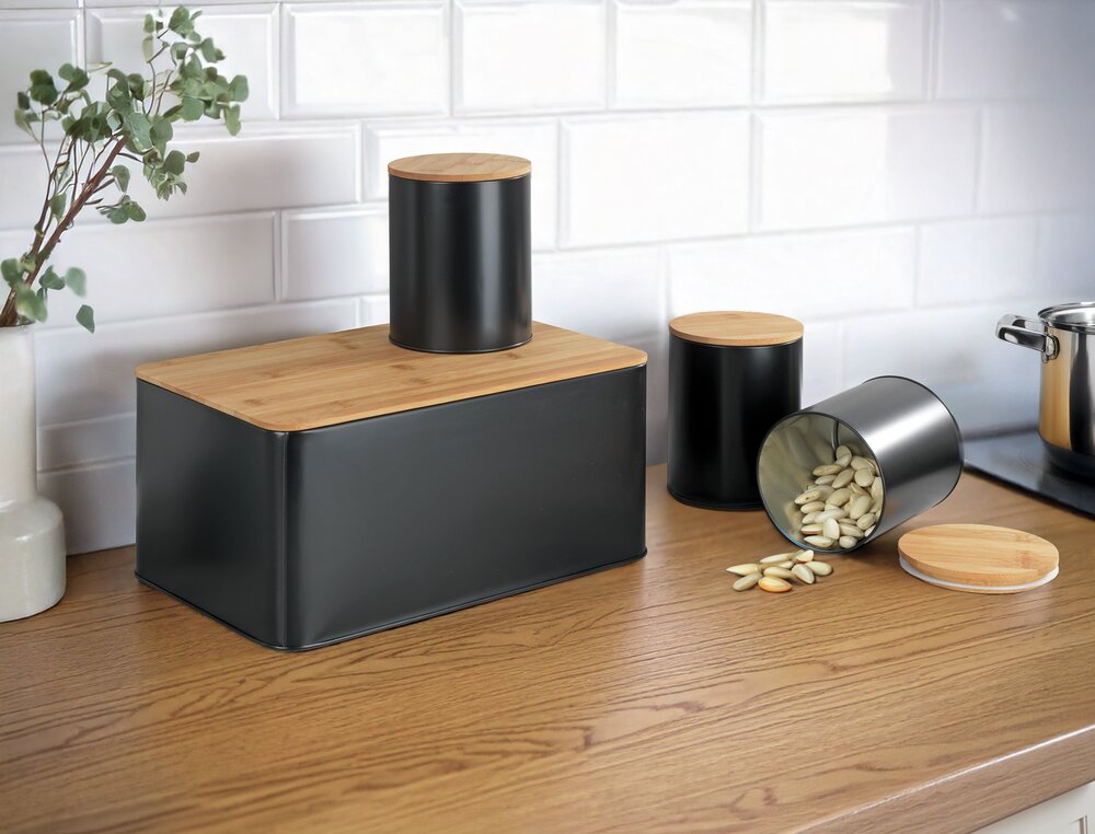 Set boîtes à pain, noir, métal, couvercle bambou, 32,5x21x15 cm  avec couvercles hermétiques en bambou