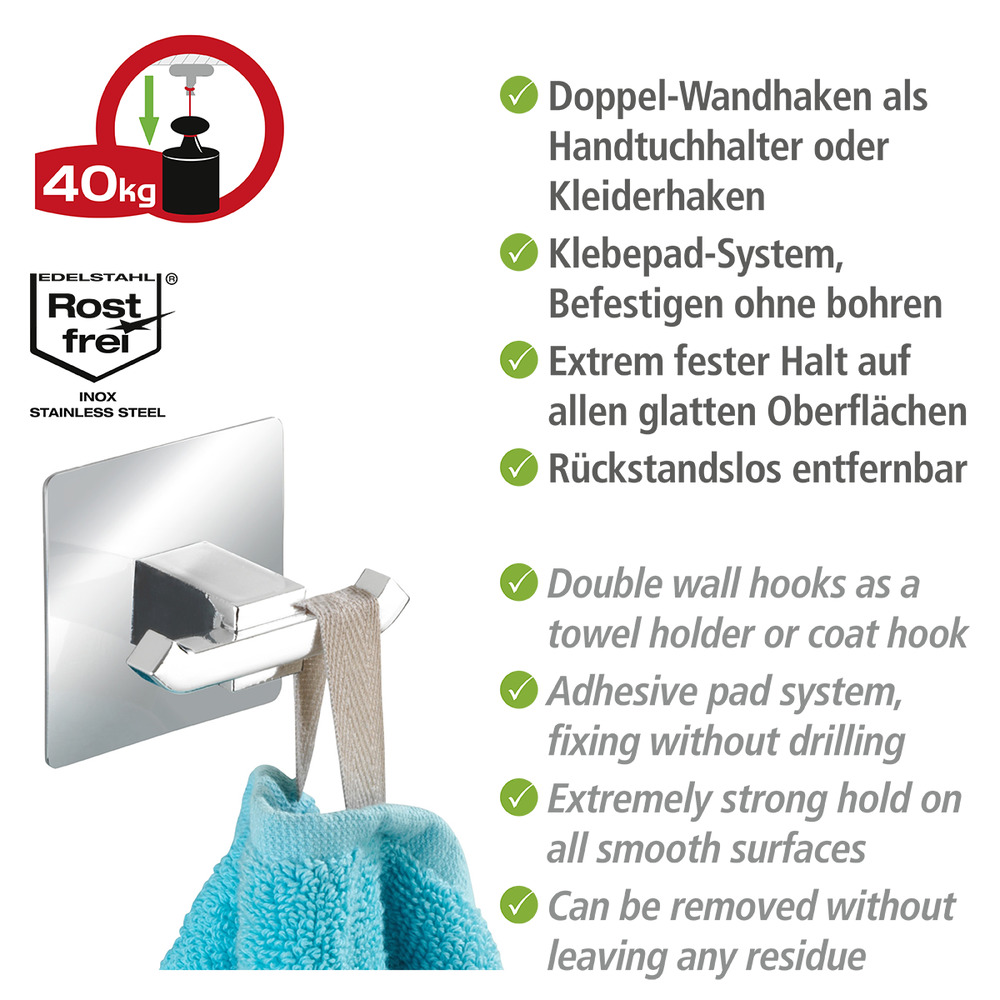 Turbo-Loc® Edelstahl Wandhaken Duo Quadro  rostfrei, Befestigen ohne bohren