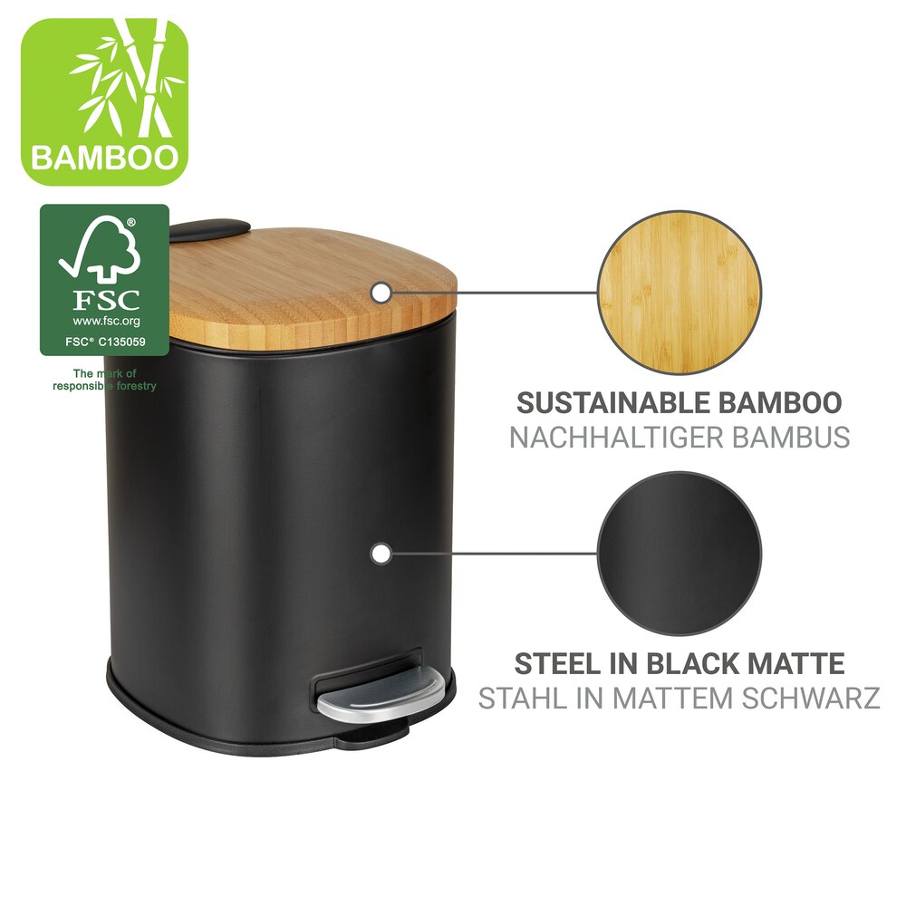 Kosmetikeimer Mod. Fianema, schwarz/natur, Metall/Bambus, 3L  mit Easy-Close Absenkautomatik